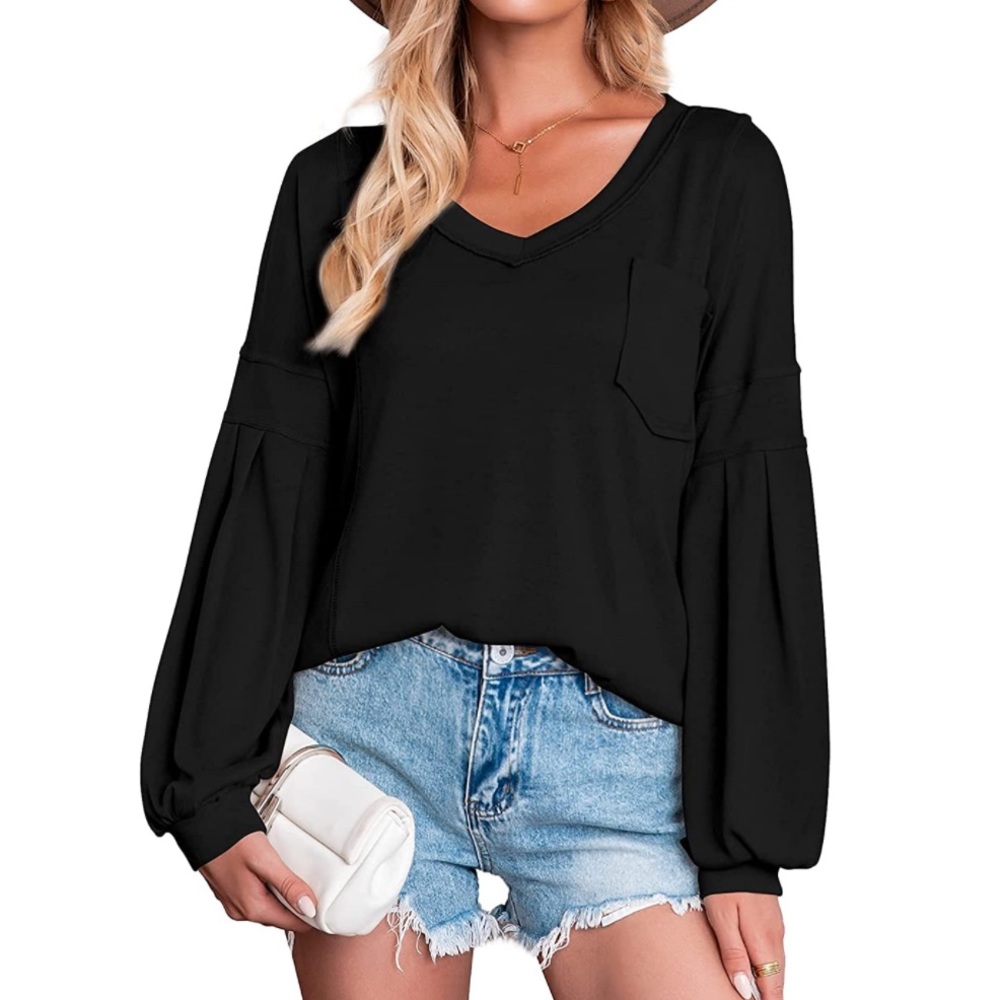 🆕 Phortric Black Lantern Sleeve Deep-V Off the Shoulder Oversized Knit Top - Picture 2 of 6